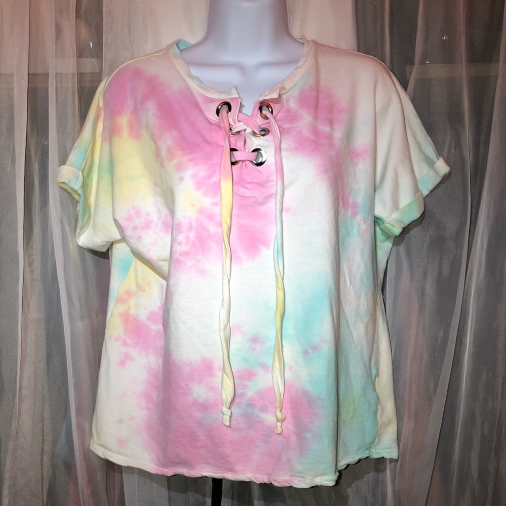 A04 Signature Studio Tie Dye Lace Up Cropped Colorful Pastel Pink Blue Sz Small